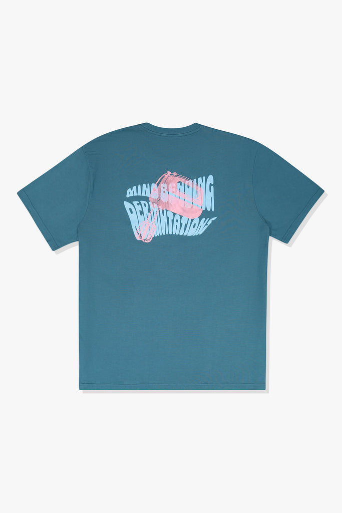 Back of Mami Wata Mind Bending Permutations Tee in ink blue with stretched text “Mind Bending Permutations” layered over a hand blender graphic