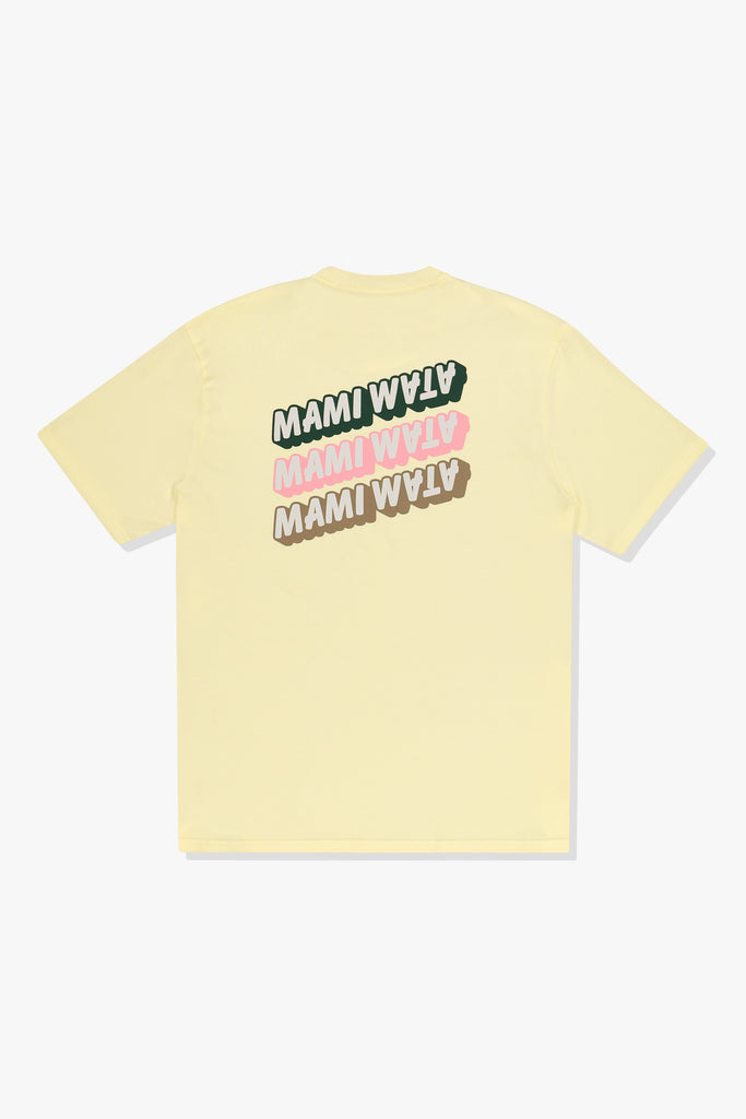 Back of 3 Mami Tee in butter yellow with three stacked Mami Wata word marque logos