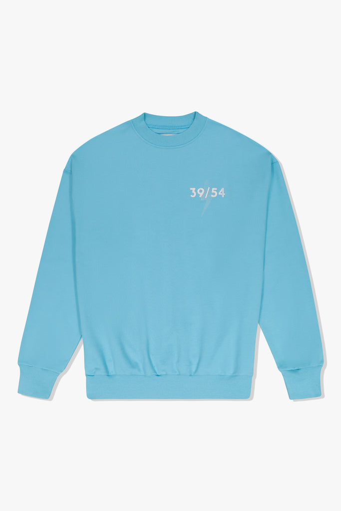 Front of Mami Wata 39/54 Summer Sweat in light blue with 39/54 lightning detail – cotton brushed fleece crewneck.