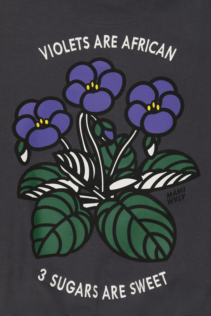 Close-up of violet back print on charcoal hoody by Mami Wata