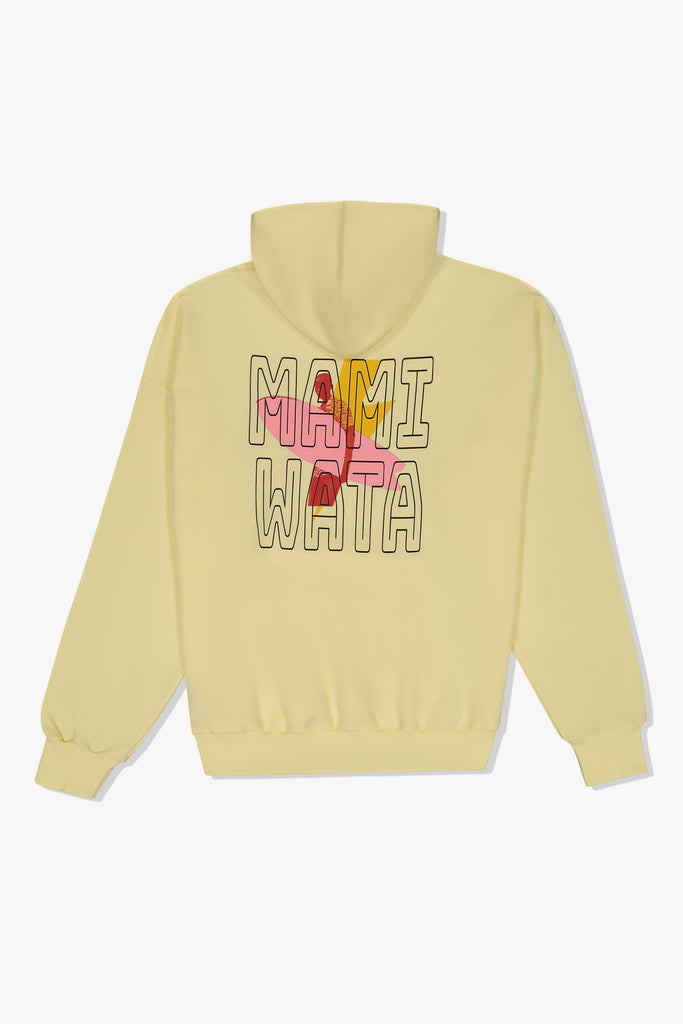 Back of Mami Wata Lightning Surf  hoody in butter yellow with lightning bolt graphic layered over Mami Wata surf graphic.