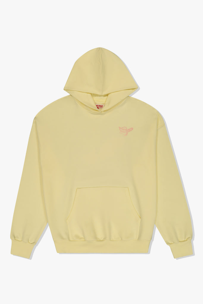 Front of Mami Wata Lightning Surf hoody in butter yellow with small banana logo – cotton hoody